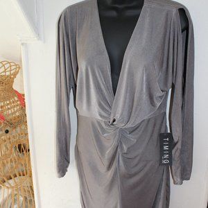 Silver Gray Cross-Over Mini Dress w Slit Sleeves